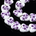 Handmade Purple Flower Printed Porcelain Ceramic Beads - Heart - 15x15x7mm - 2 per bag