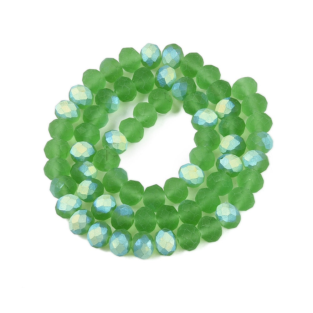 Green  Half AB Plated Transparent Frosted Glass Beads - Faceted Rondelle - 8x6mm - Appx 64 per strand