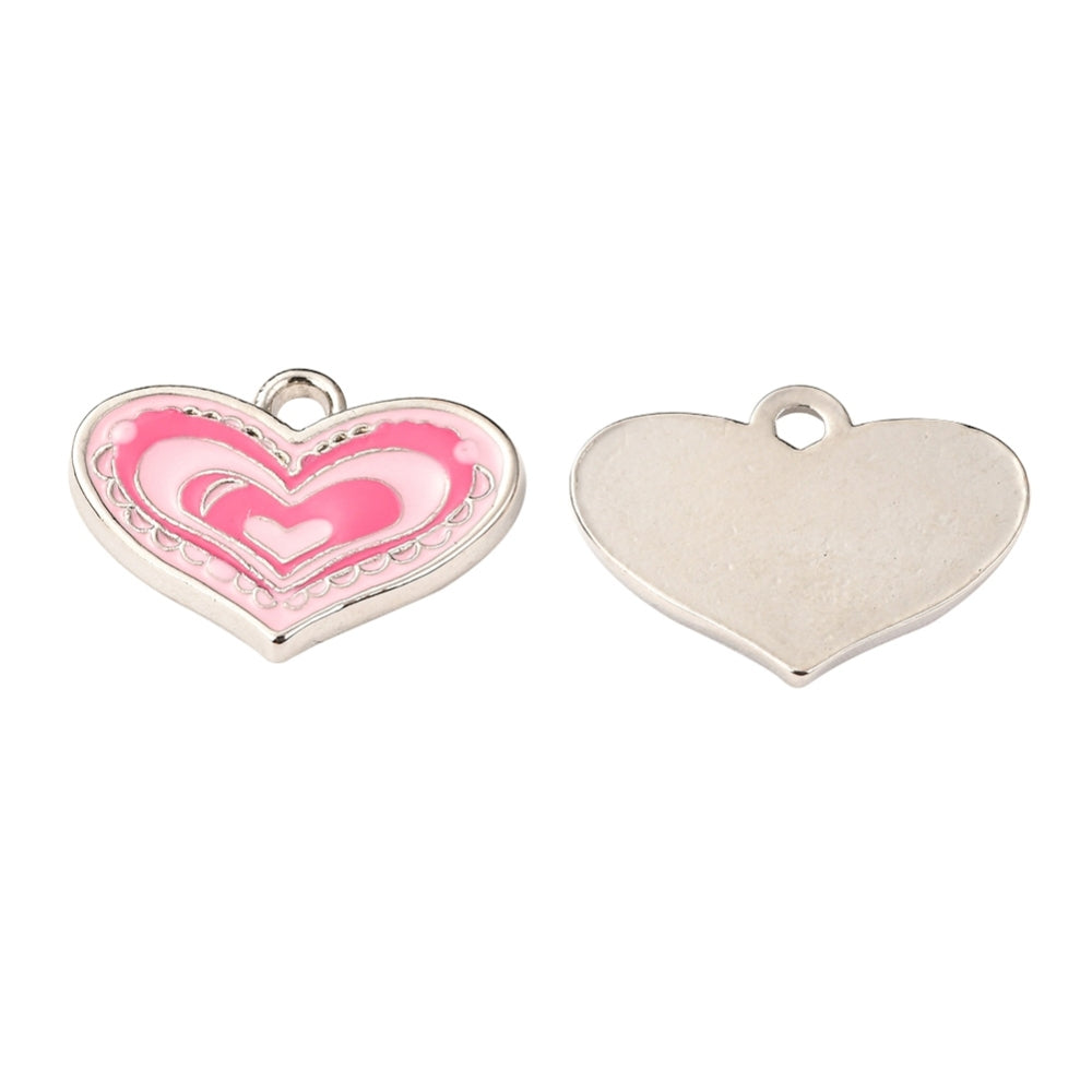 Pink Enamel Platinum Alloy Pendant - Heart - 14.5x19.5x2mm