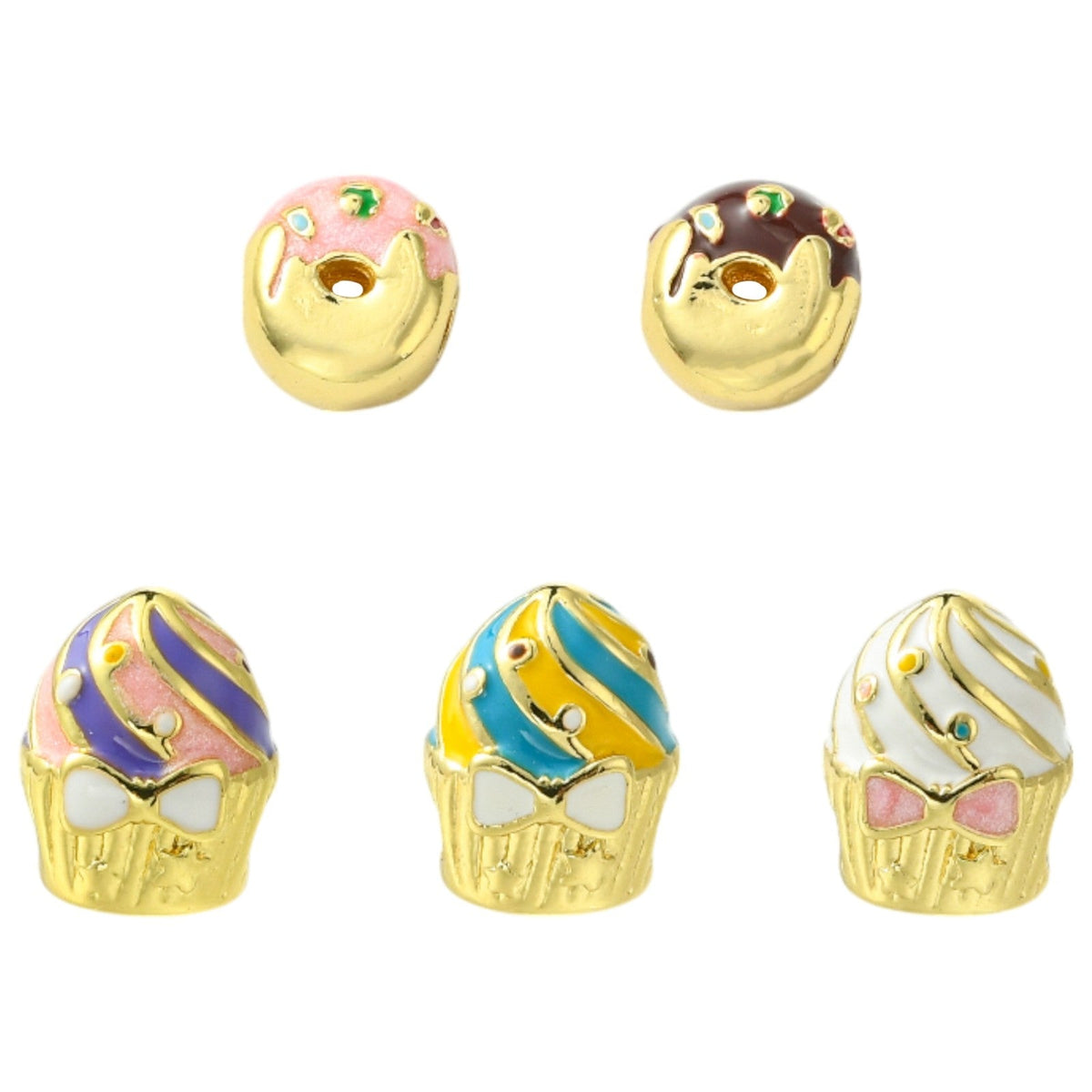 Donut & Cake Real 18K Gold Rack Plating Brass Enamel Beads - Cadmium & Lead Free - 10-12x9.5-10x7.5-10.5mm