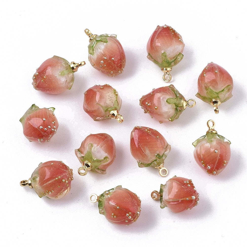 Handmade Flower Coral Epoxy Resin Pendants with Golden Brass Peg Bails and Glass Micro Beads - Bud - 14-15x9-10x9-10mm - 3 per bag