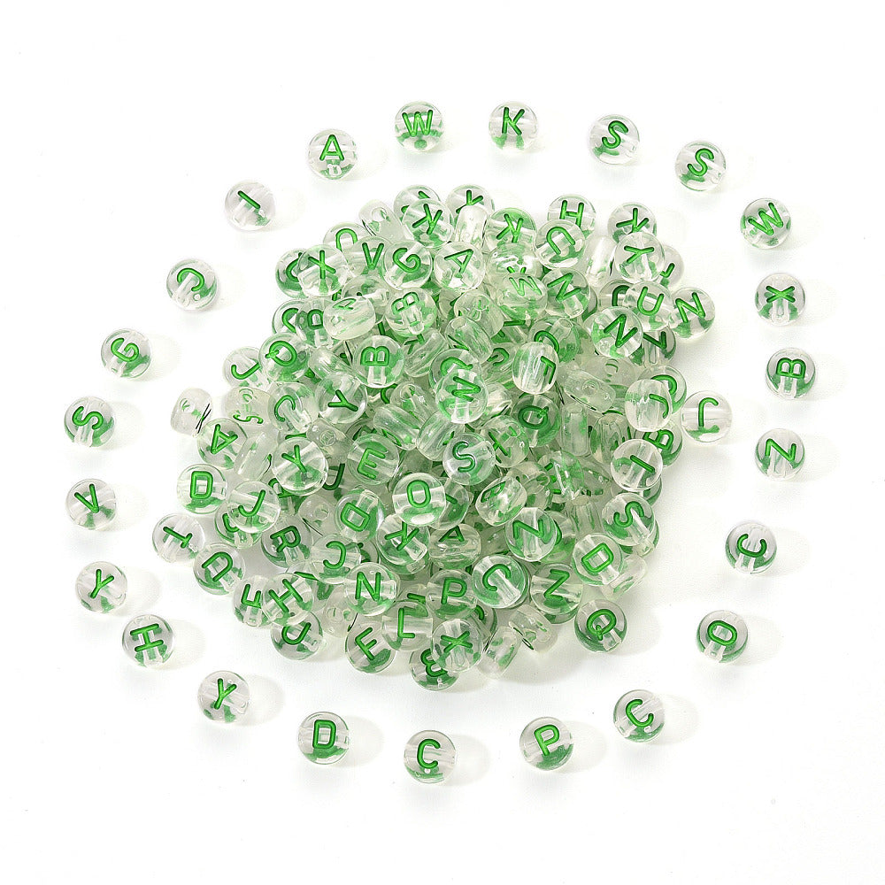 Sea Green Letter Transparent Clear Acrylic Beads - Flat Round - 7x4mm - 100 per bag