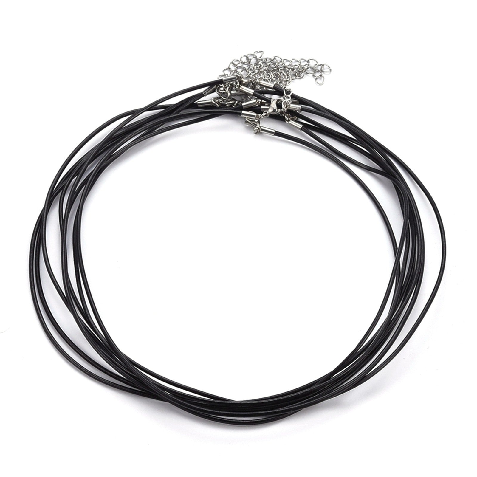 Round Leather Cord Necklace with 304 Stainless Steel Lobster Claw Clasps and Extender Chain - Black - 18.1 inch - 2mm