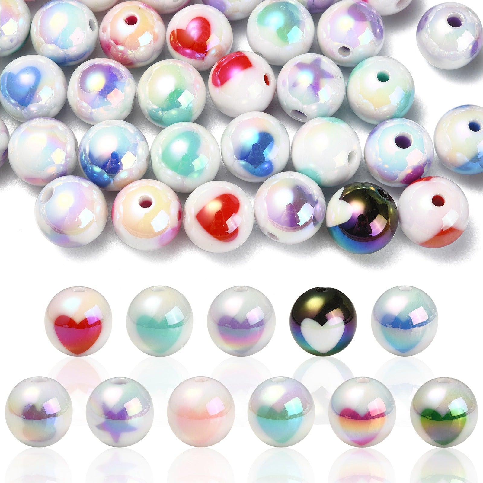 Mixed Color Two Tone UV Plating Opaque Acrylic Beads - Round with Heart Pattern -  16x15mm - 4 per bag