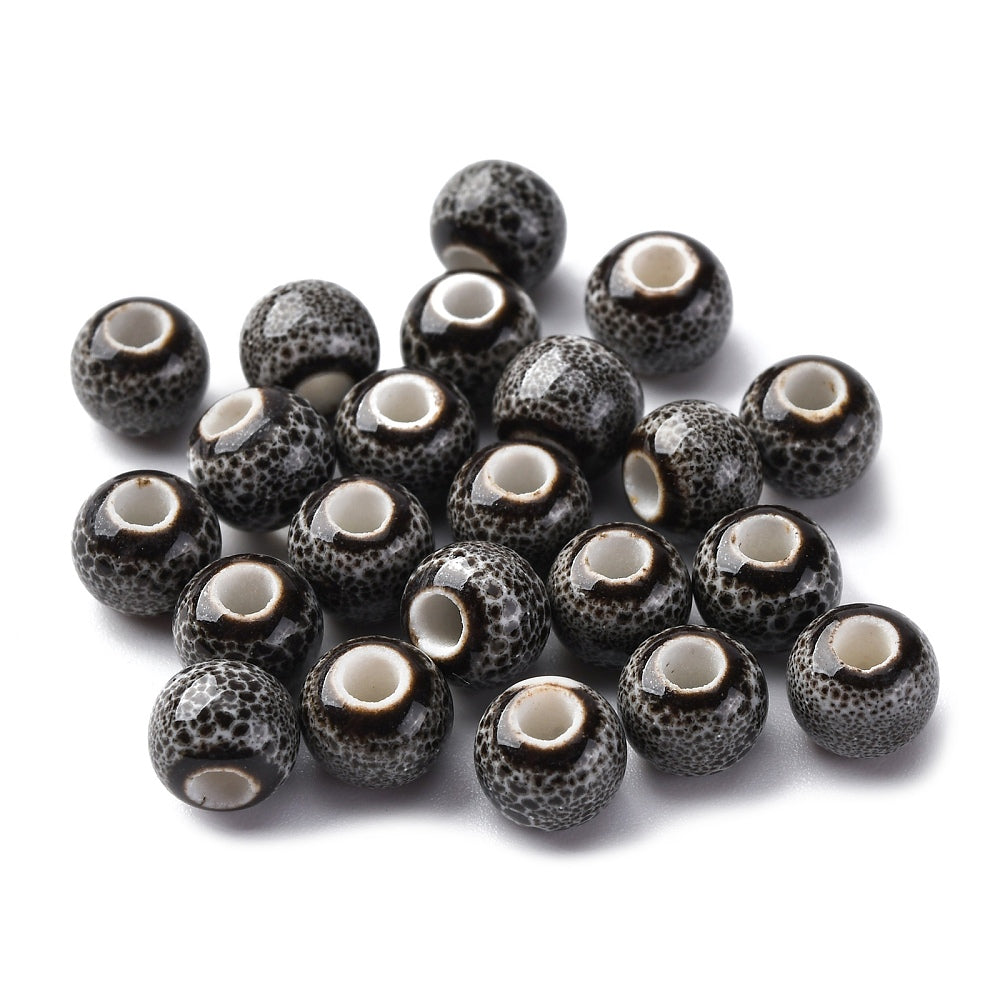 Handmade Black Porcelain Beads - Round - 6-7x5-6mm - 15mm per bag