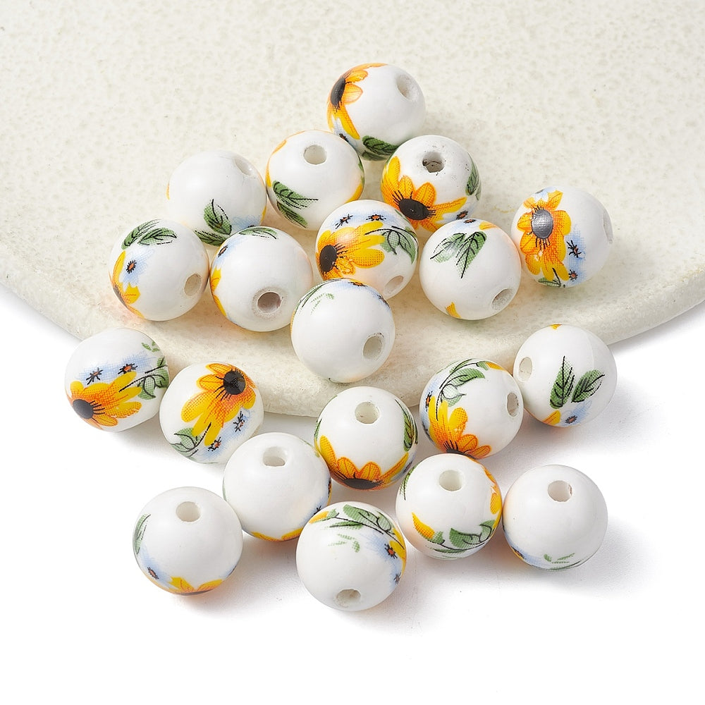 Handmade Porcelain Beads - Round with Sunflower Pattern - 12mm - 10 per bag