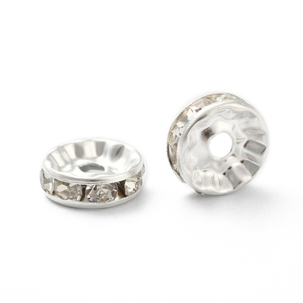 Silver Iron Crystal Rhinestone Spacer Beads - Rondelle Straight Edge - 10x3~3.5mm - 25 per bag