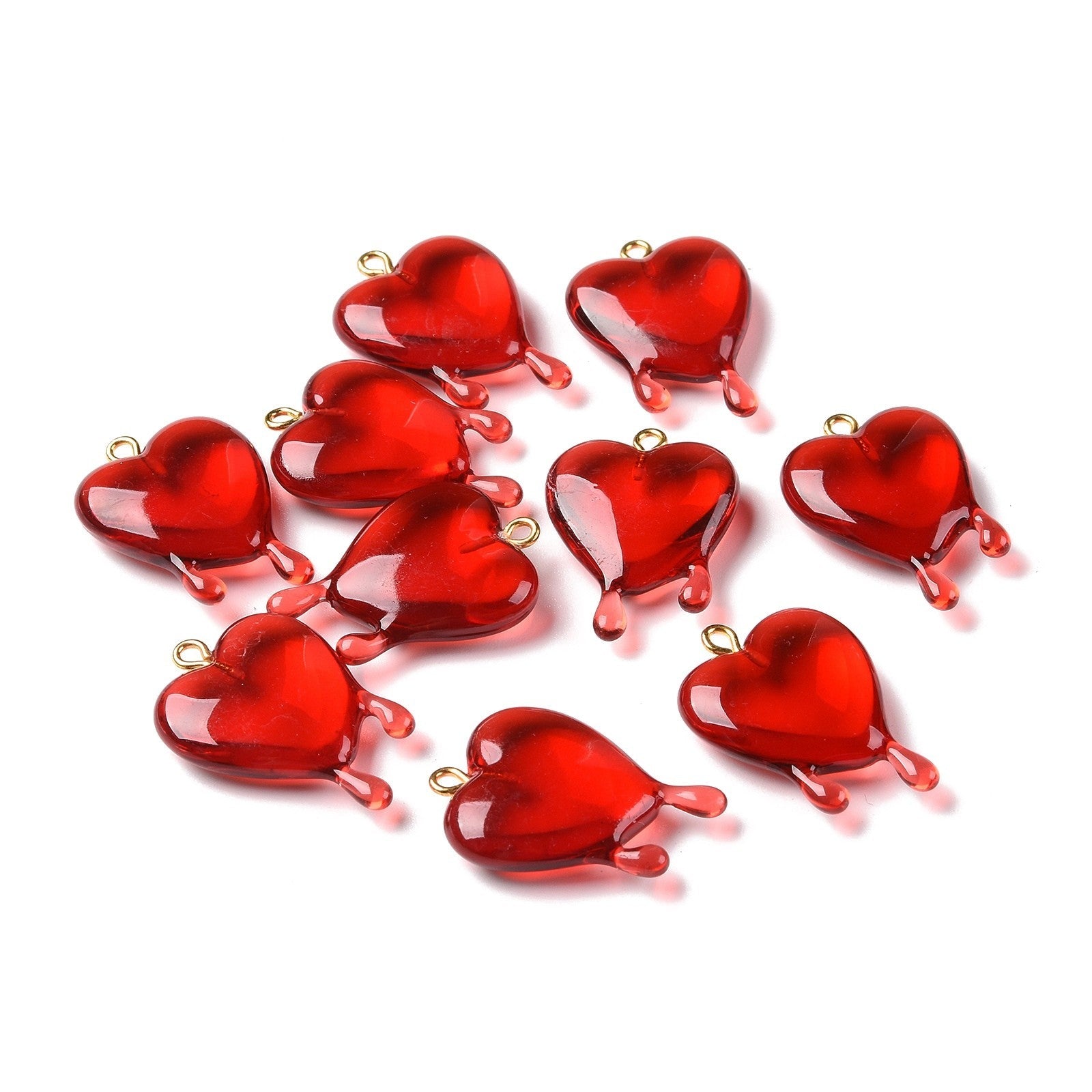Red Transparent Resin Pendants with Golden Iron Loop - Melting Heart - 30.5x21x7mm - 2 per bag