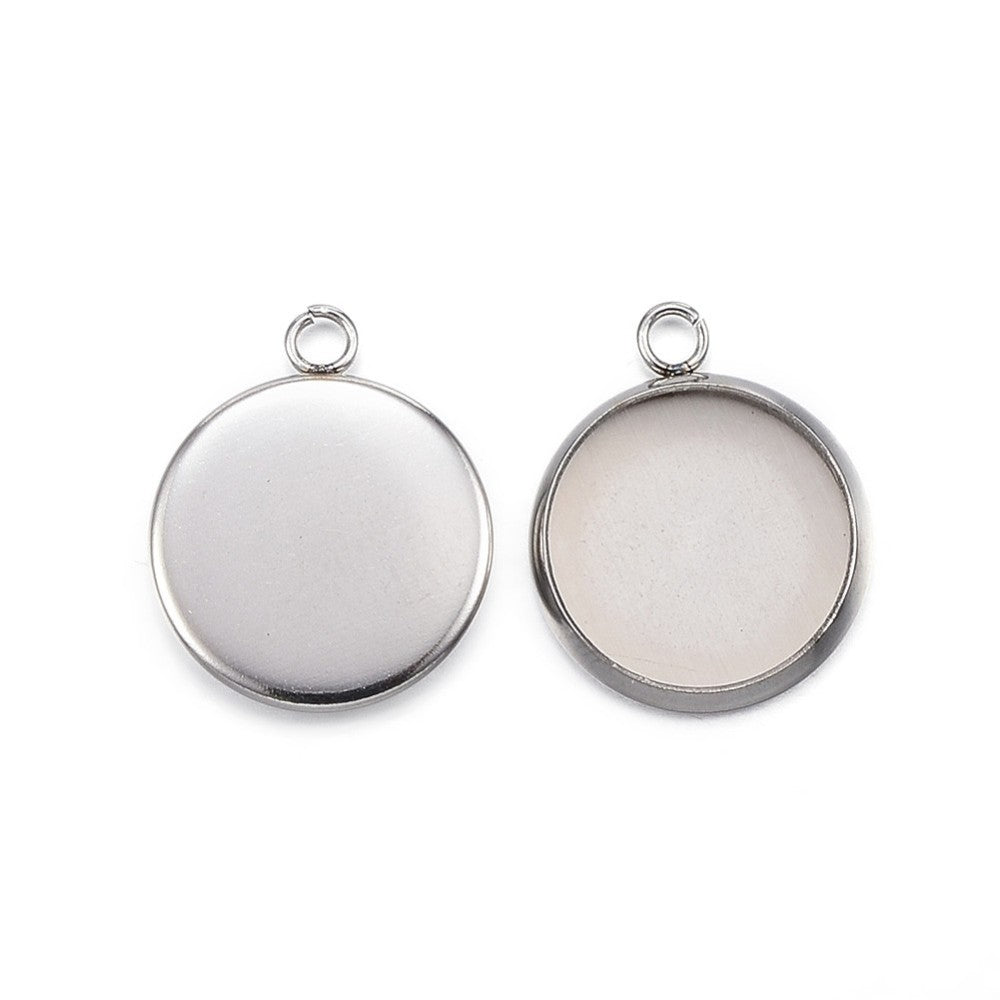 Tarnish Resistant 304 Stainless Steel Pendant Cabochon Settings - Plain Edge Bezel Cups - Flat Round - Tray: 12mm - 16.5x13.5x2mm - 5 per bag