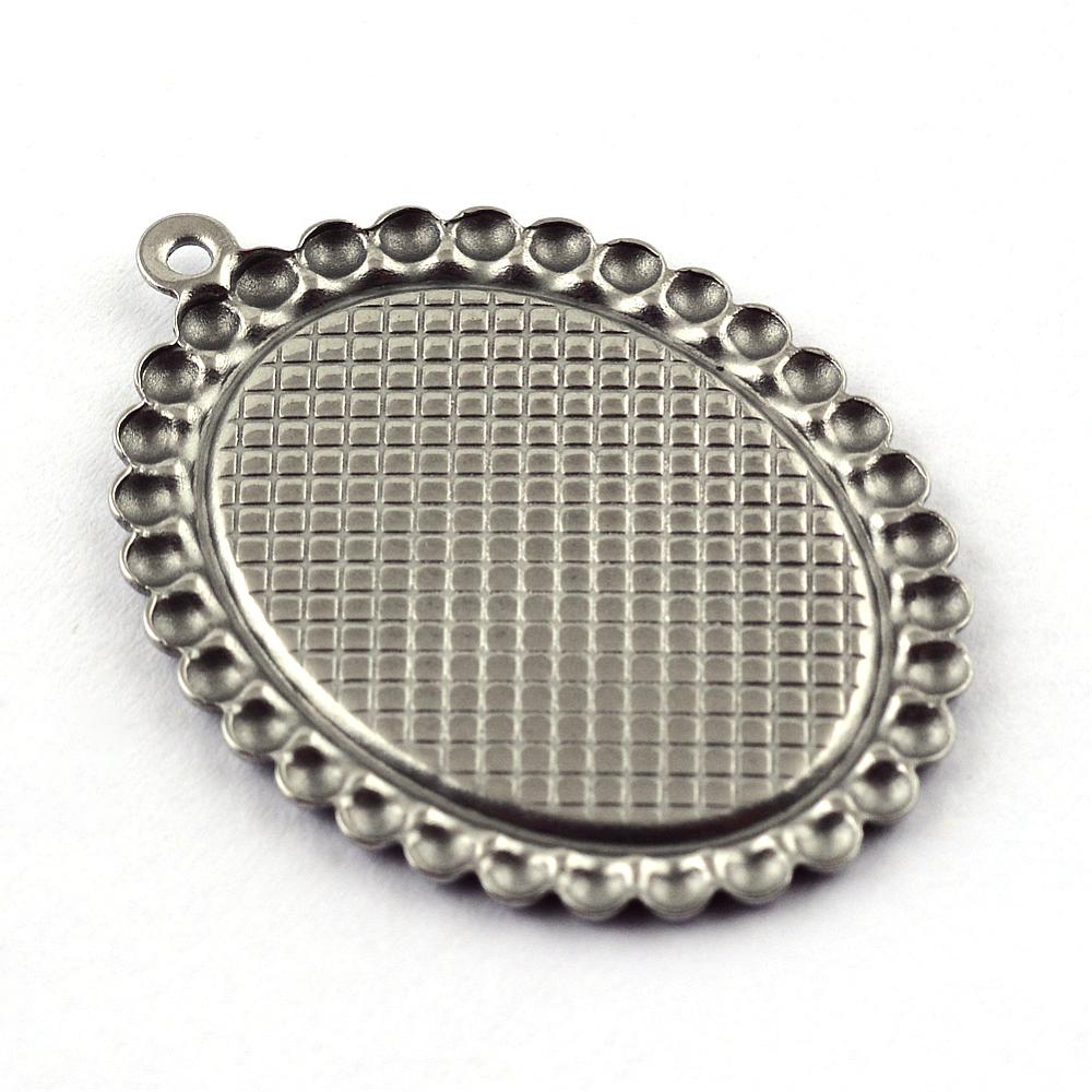 304 Stainless Steel Tarnish Resistant Pendant Cabochon Settings - Oval - Tray: 13x18mm - 27.5x19.5x1.5mm - 2 per bag