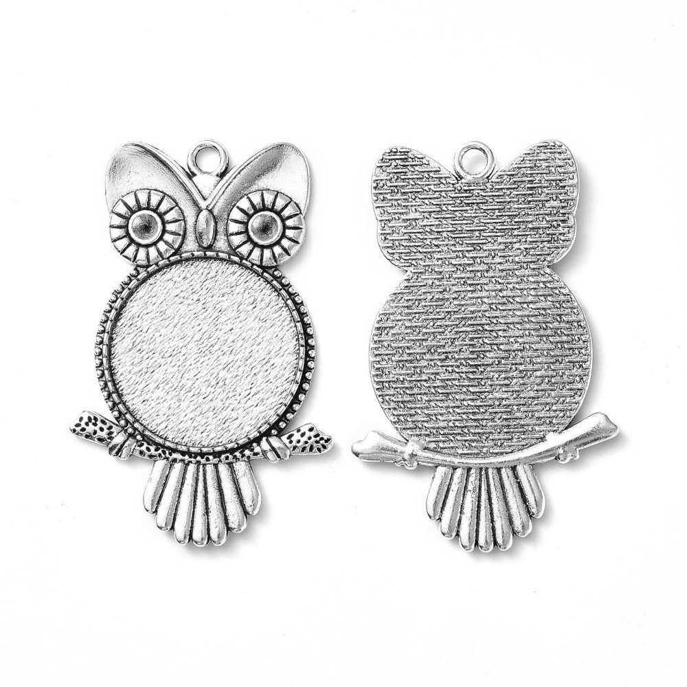 Antique Silver Tibetan Style Alloy Pendant Cabochon Settings - Owl with Round Tray - Lead & Nickel Free - Tray 25mm - Eye 3.5mm - 54x35x2.5mm