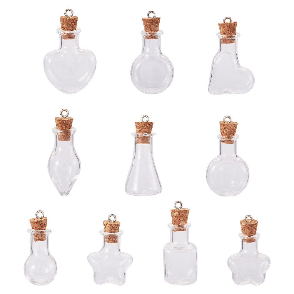 Mini Transparent Bottle Pendant with Wood Plug - Mixed Shapes - 30.5-35.5x15.5-22x11-17mm - 2 per bag