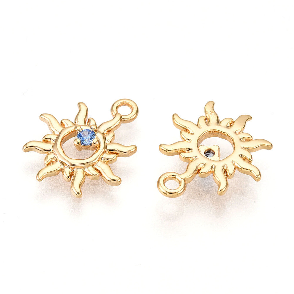 Real 18K Gold Plated Brass Micro Pave Cubic Zirconia Charm - Sun - 15x12x2.5mm