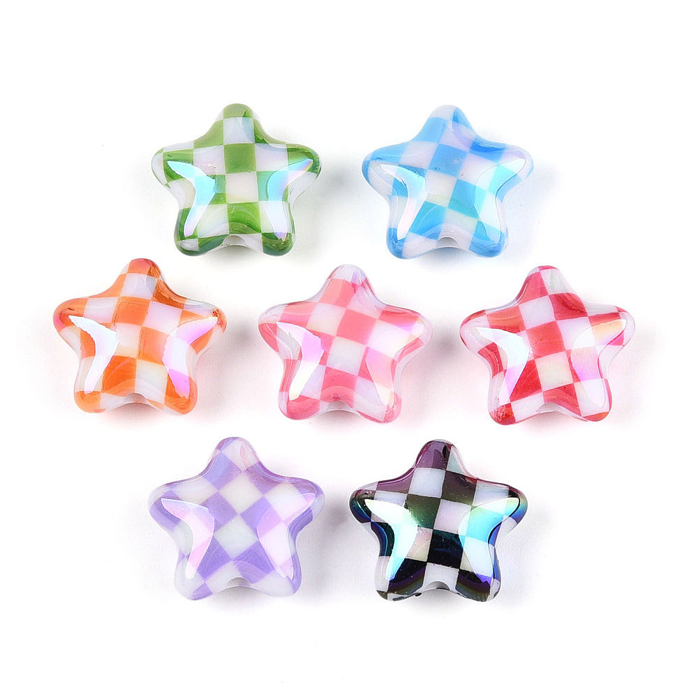Iridescent UV Plating Opaque Acrylic Beads - Star with Check Pattern - Mixed Color - 20.5-21x22x10.5mm - 3 per bag