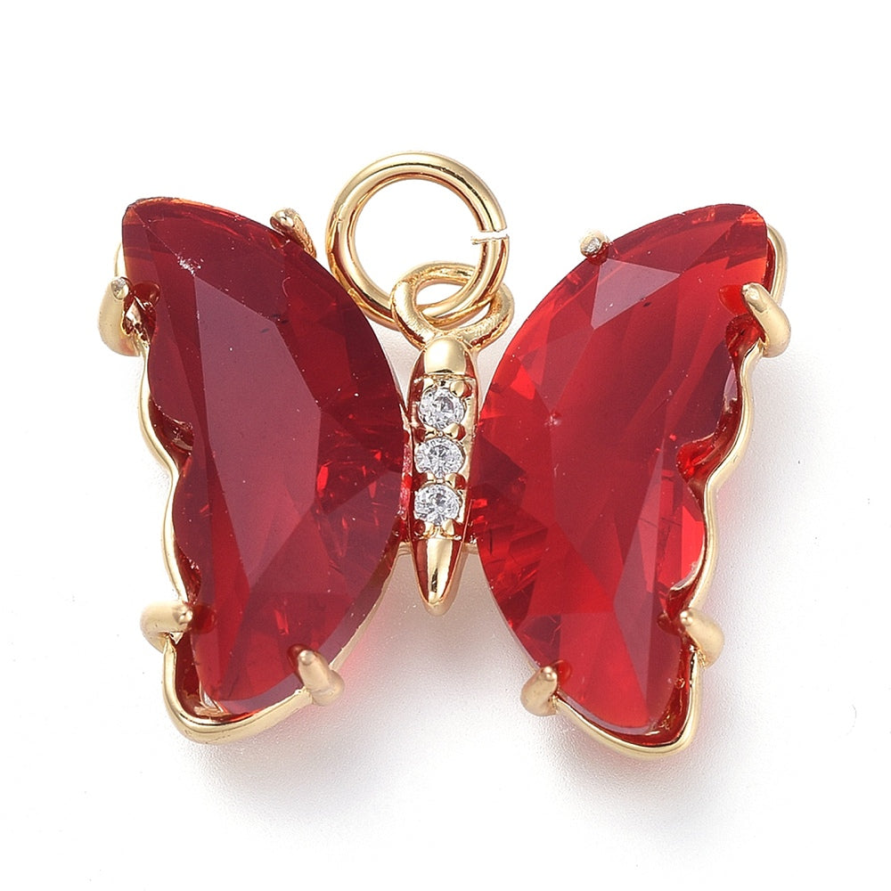 Golden Brass Red Micro Pave Clear Cubic Zirconia Pendant - Butterfly - 15x19x4.5mm