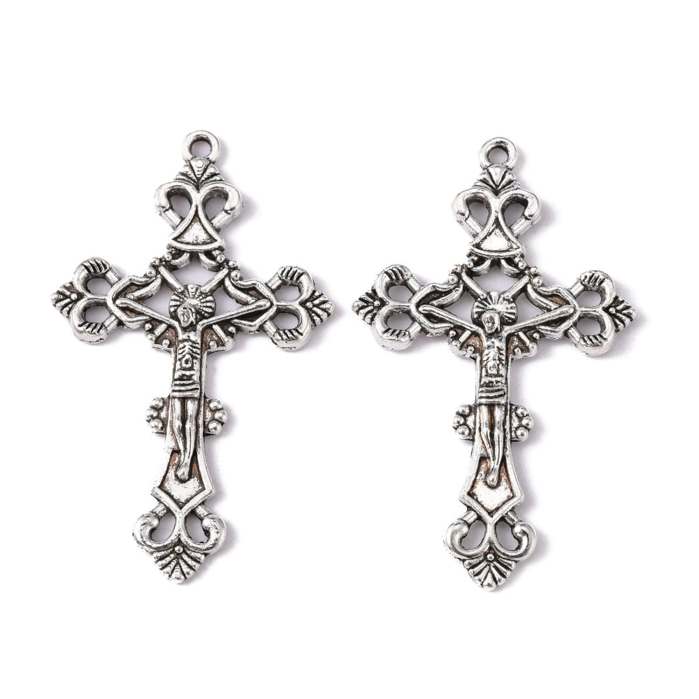 Antique Silver Tibetan Style Alloy Pendant - Crucifix Cross Pendant - Lead and Cadmium Free - 43.5x26x3mm - 3 per bag
