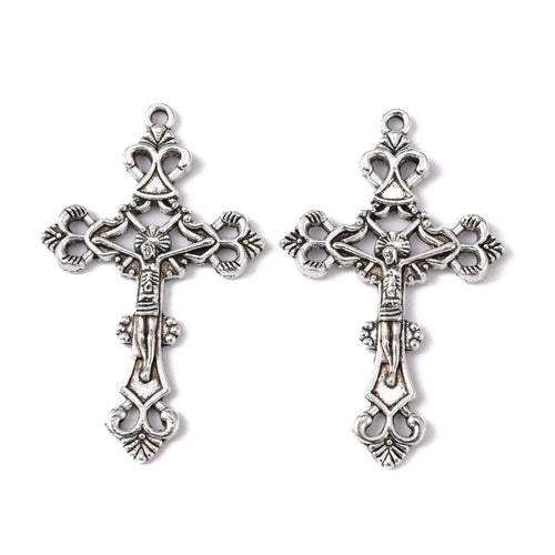 Antique Silver Tibetan Style Alloy Pendant - Crucifix Cross Pendant - Lead and Cadmium Free - 43.5x26x3mm - 3 per bag