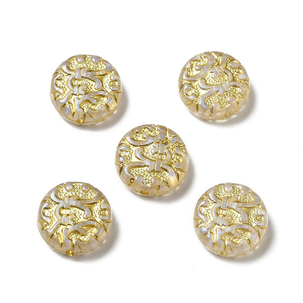 UV Plating Acrylic Beads - Golden Metal Enlaced - Flat Round with Floral - Gold - 14x5.5mm - 6 per bag