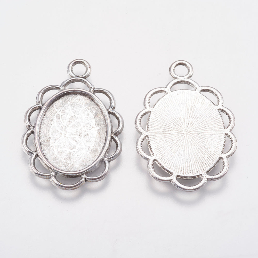 Antique Silver Tibetan Style Pendant Cabochon Settings - Lead and Nickel Free - Oval - Tray 13.5x17.5mm