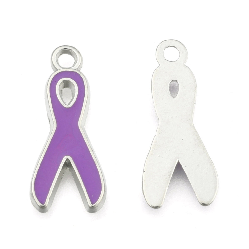 Platinum Alloy Purple Enamel Pendant - Cadmium & Lead Free - Awareness Ribbon - 9x20x1.5mm