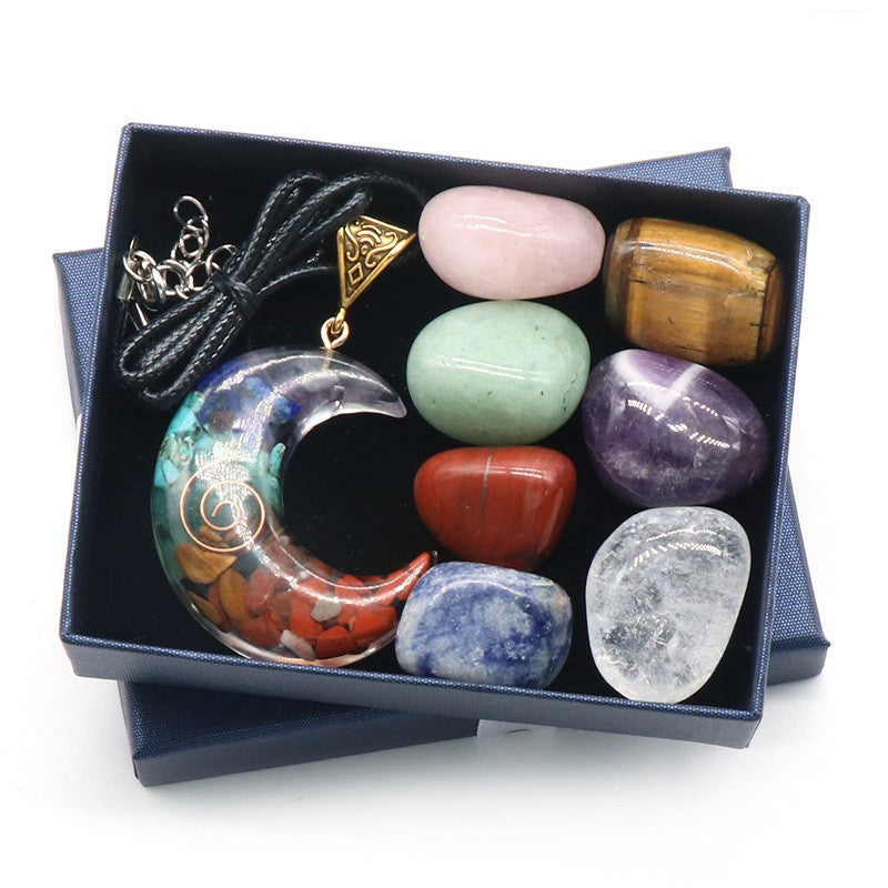 7 Chakra Tumbled Stone and Moon Pendant Necklace Set