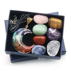 7 Chakra Tumbled Stone and Moon Pendant Necklace Set
