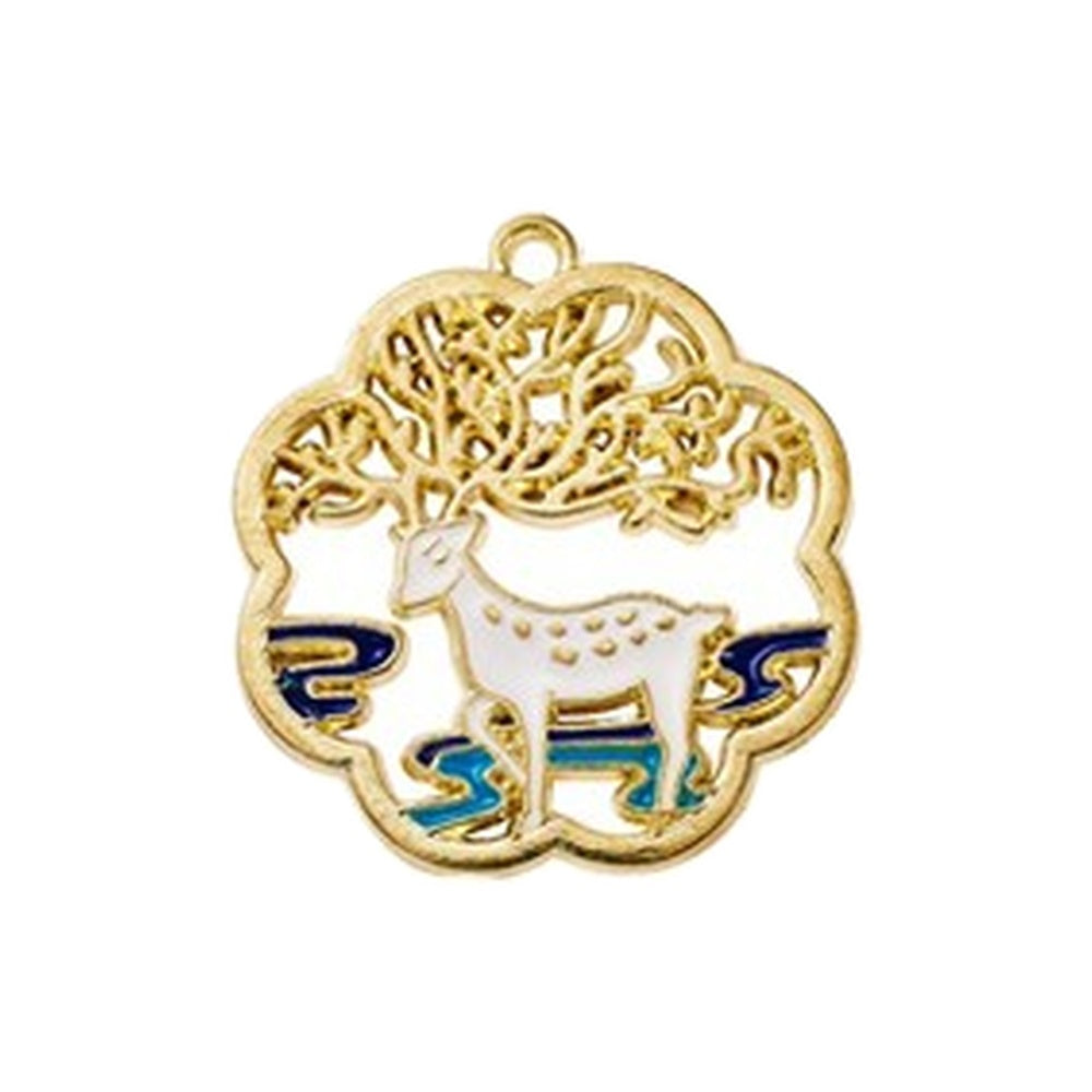 Golden Plated Alloy Enamel Pendant - Flower Shape with White Cat & Deer Pattern - 29-30x27-28mm