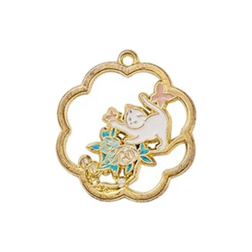 Golden Plated Alloy Enamel Pendant - Flower Shape with White Cat & Deer Pattern - 29-30x27-28mm