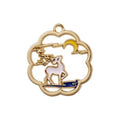 Golden Plated Alloy Enamel Pendant - Flower Shape with White Cat & Deer Pattern - 29-30x27-28mm