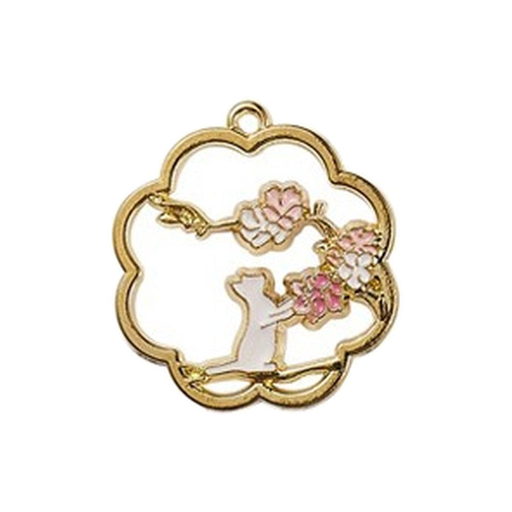 Golden Plated Alloy Enamel Pendant - Flower Shape with White Cat & Deer Pattern - 29-30x27-28mm