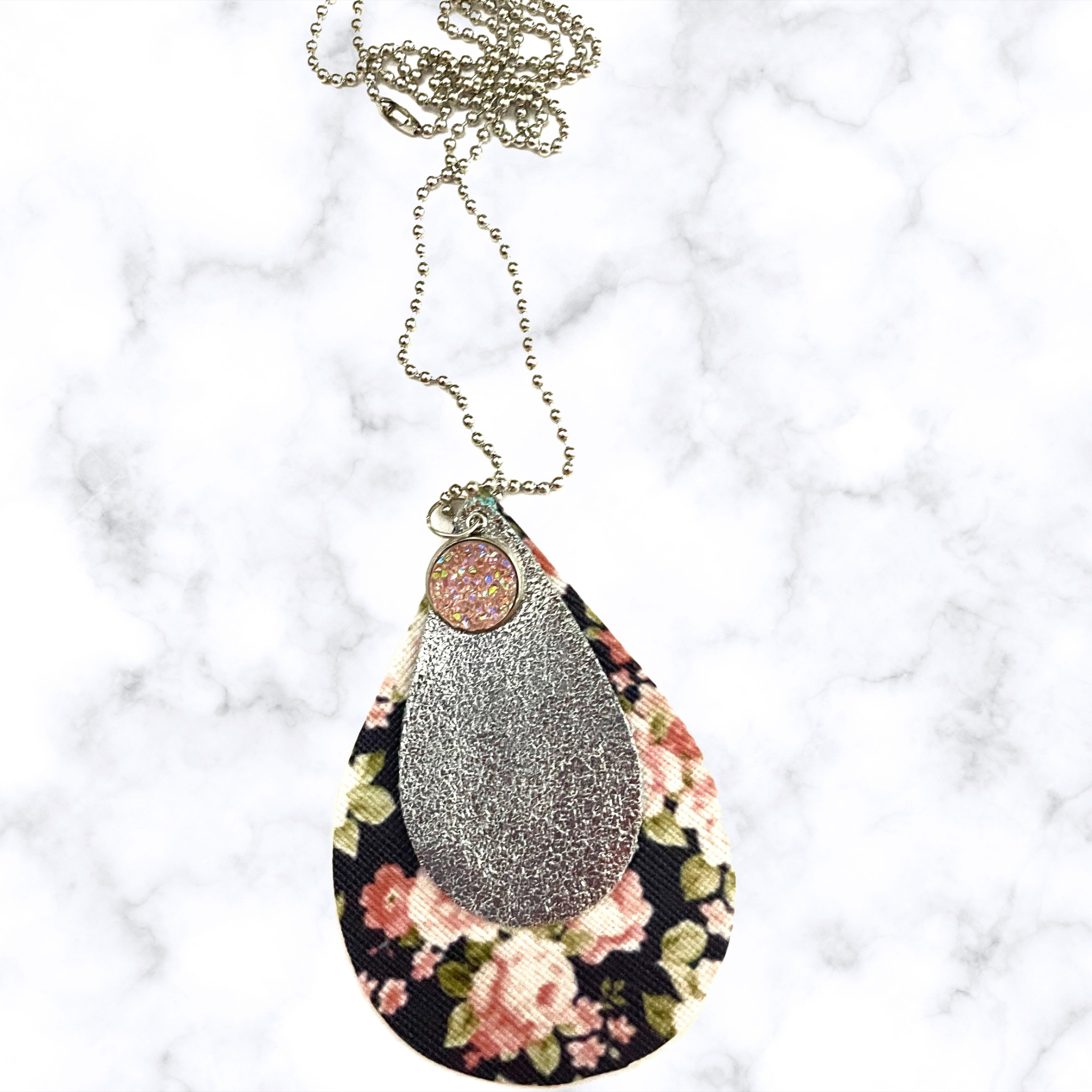 Pink and Blue Floral Leather Necklace