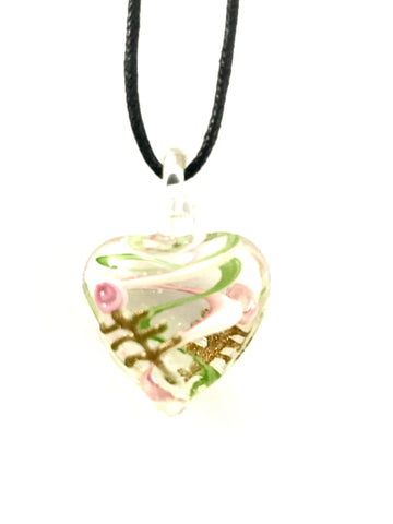 Pink Flower with Green and White Swirl Glass Heart Necklace