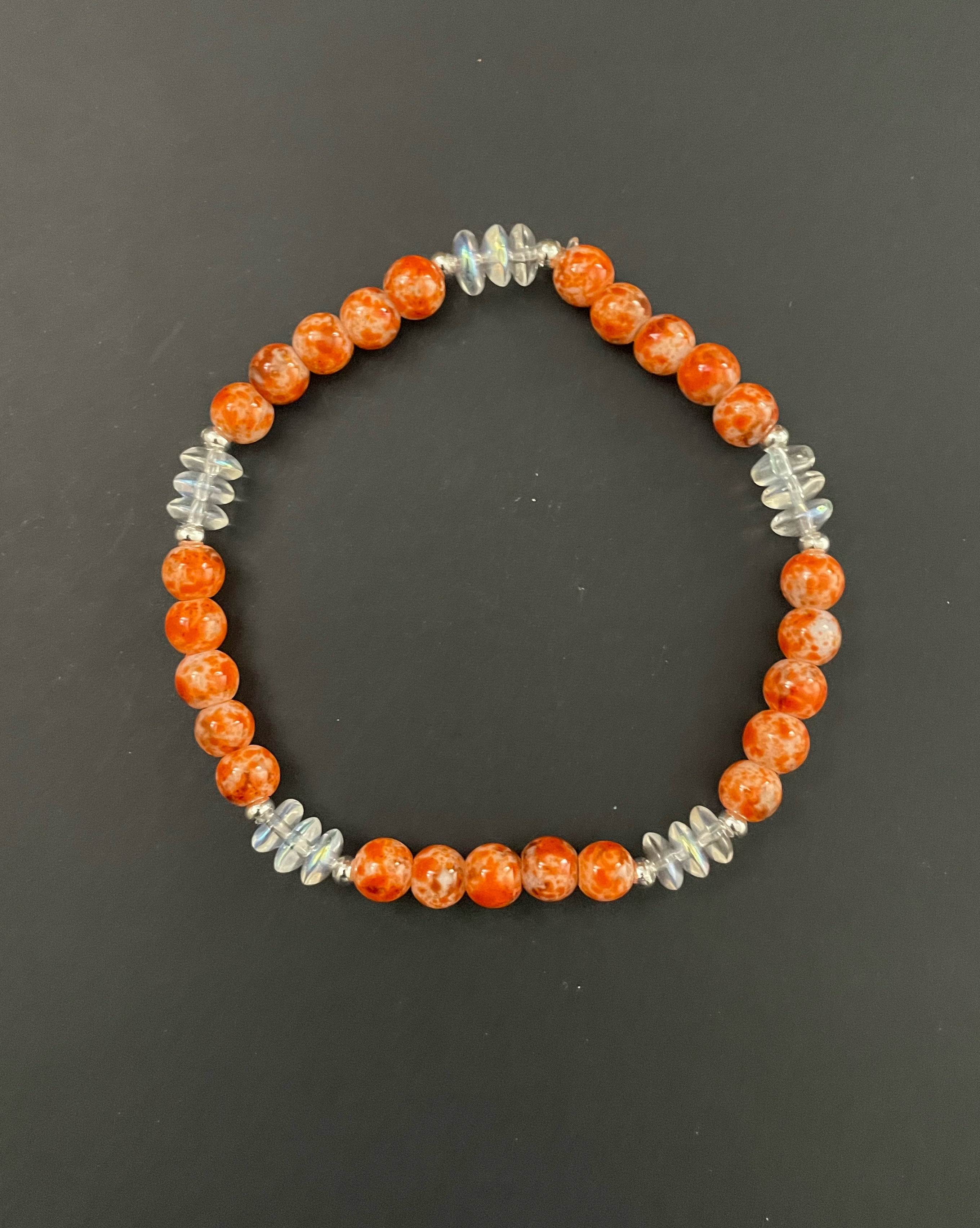 Orange Red Speckled Glass Stretchy Bracelet