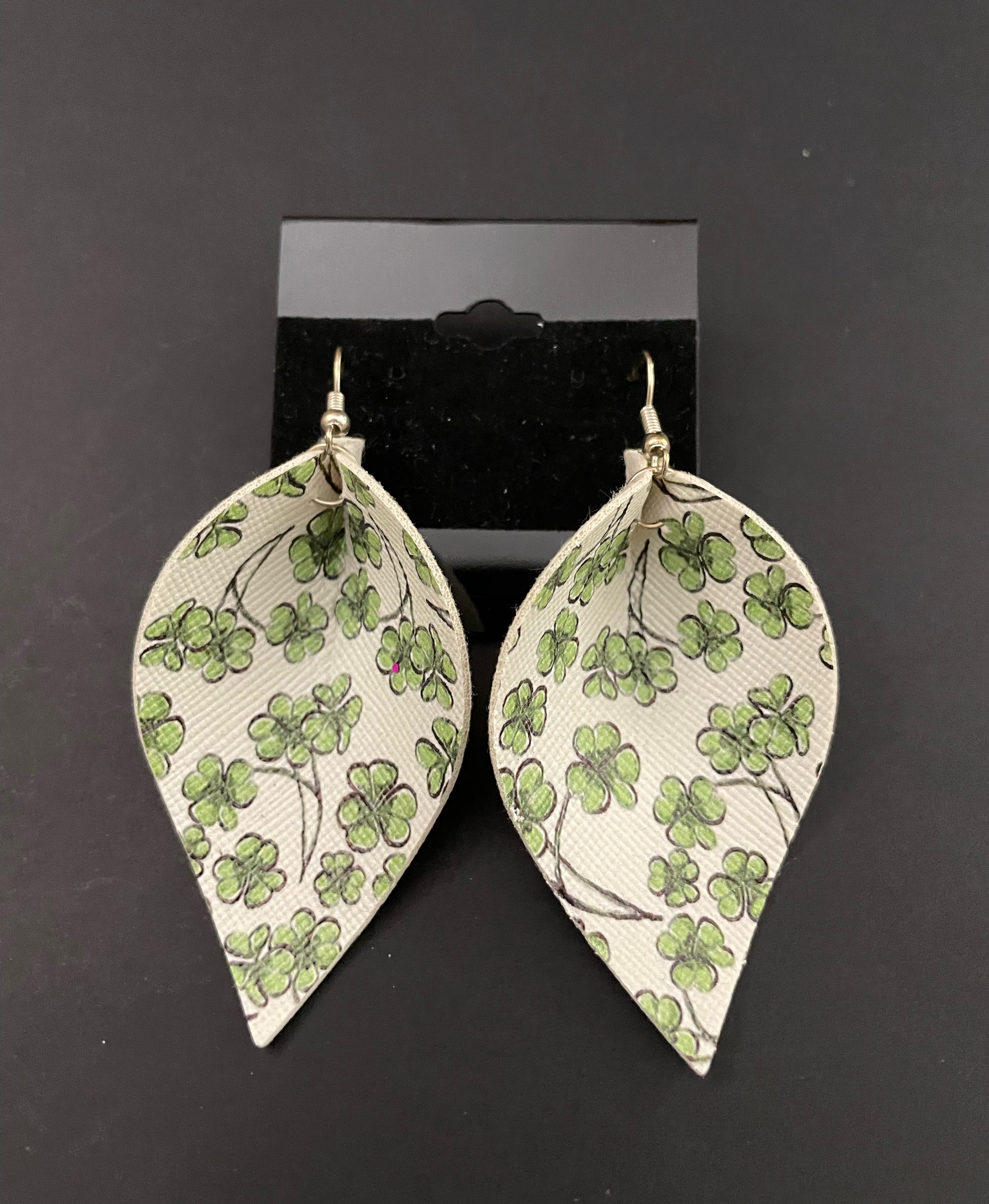 Green Clover with White Background Faux Leather Earrings