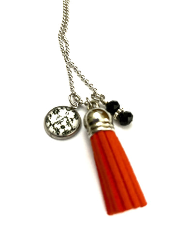 Orange Tassel with Black Beads Necklace