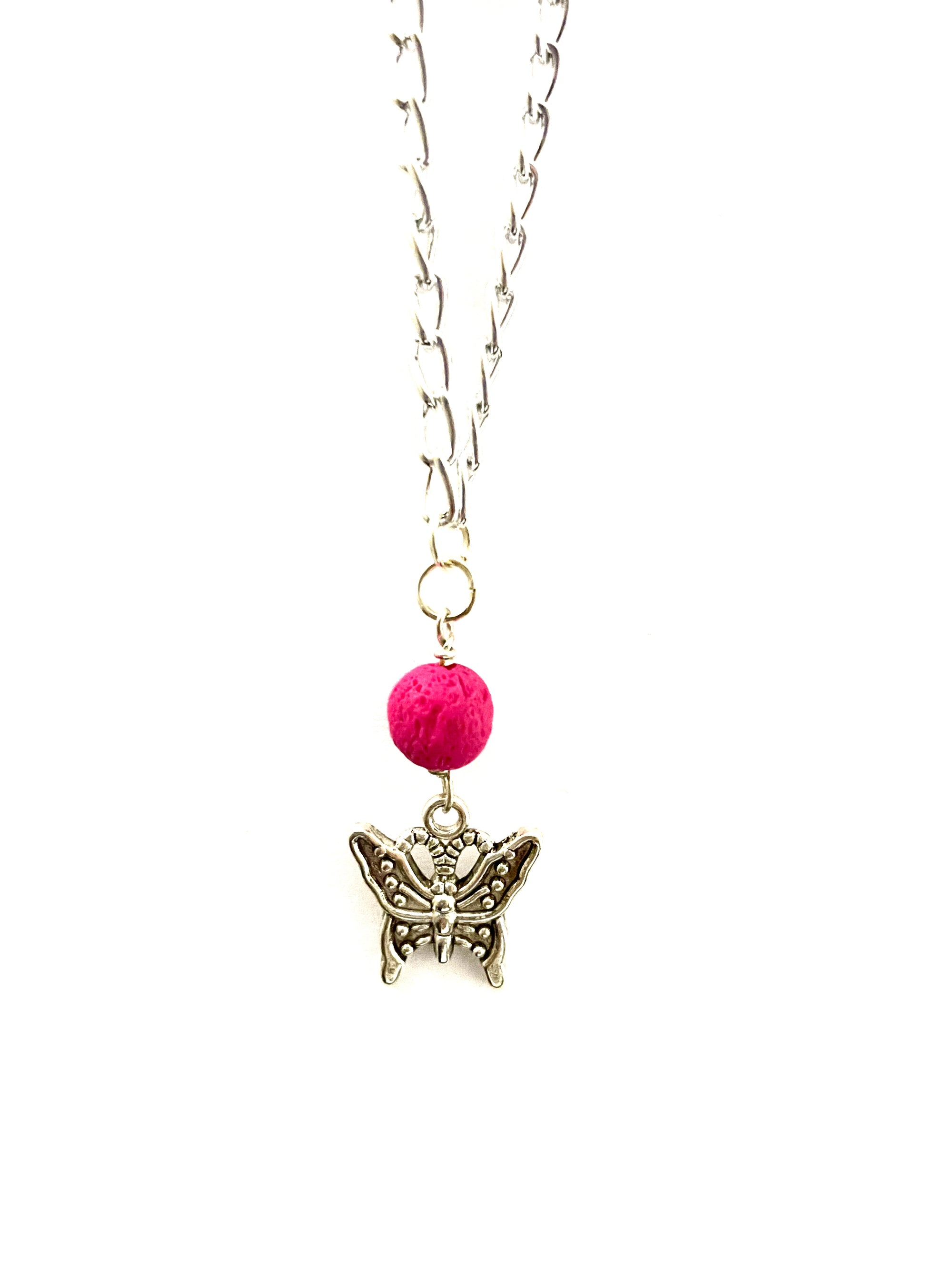 Hot Pink with Butterfly Lava Stone Necklace