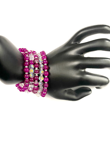 Magenta and Clear Glass Stacked Bracelet