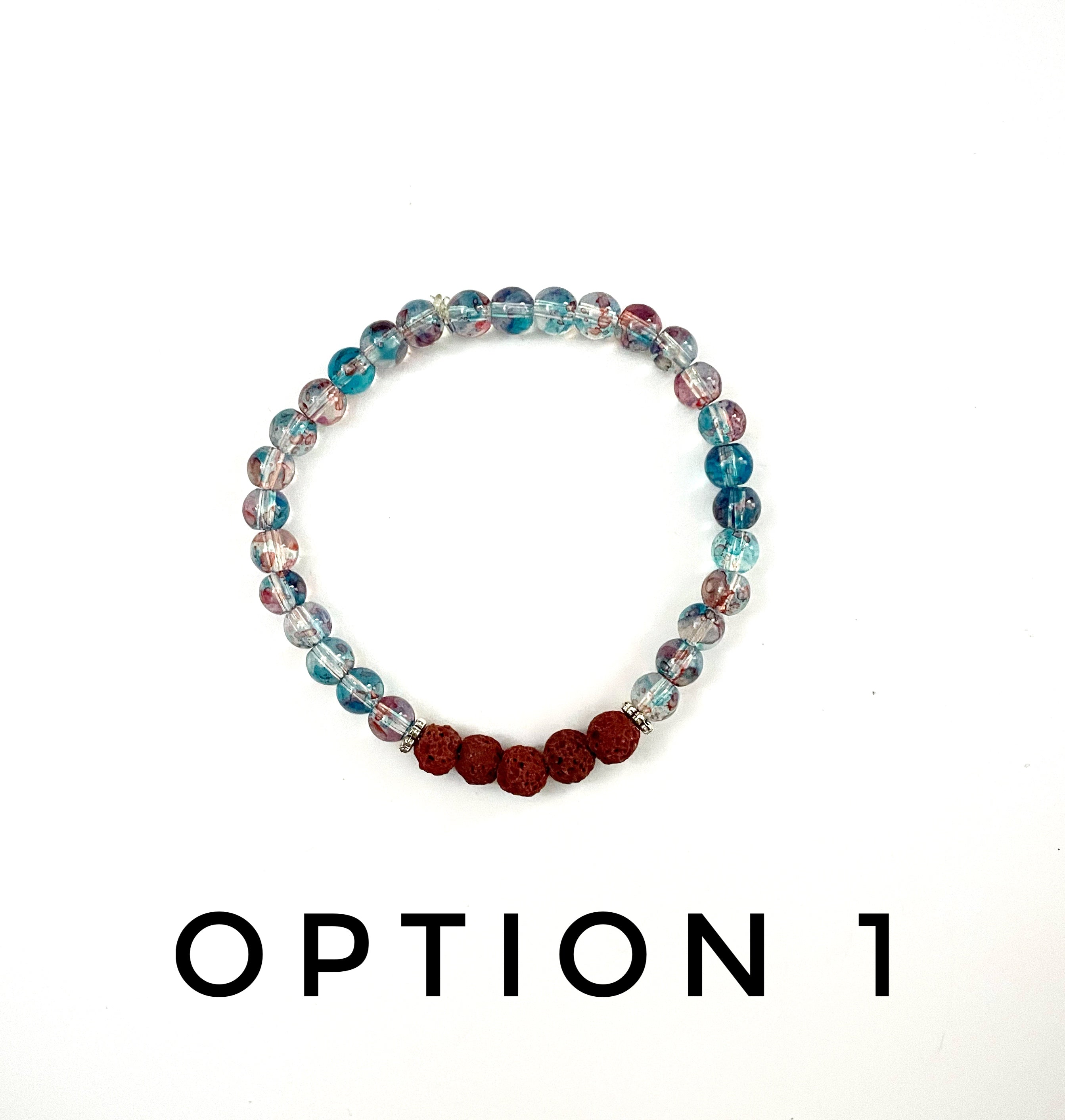 Blue and Pink Glass and Brown Lava Stone Bracelet