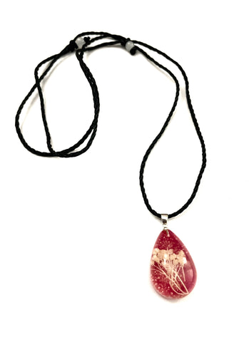 Beige Dried Flower with Red Background Glass Pendant Necklace