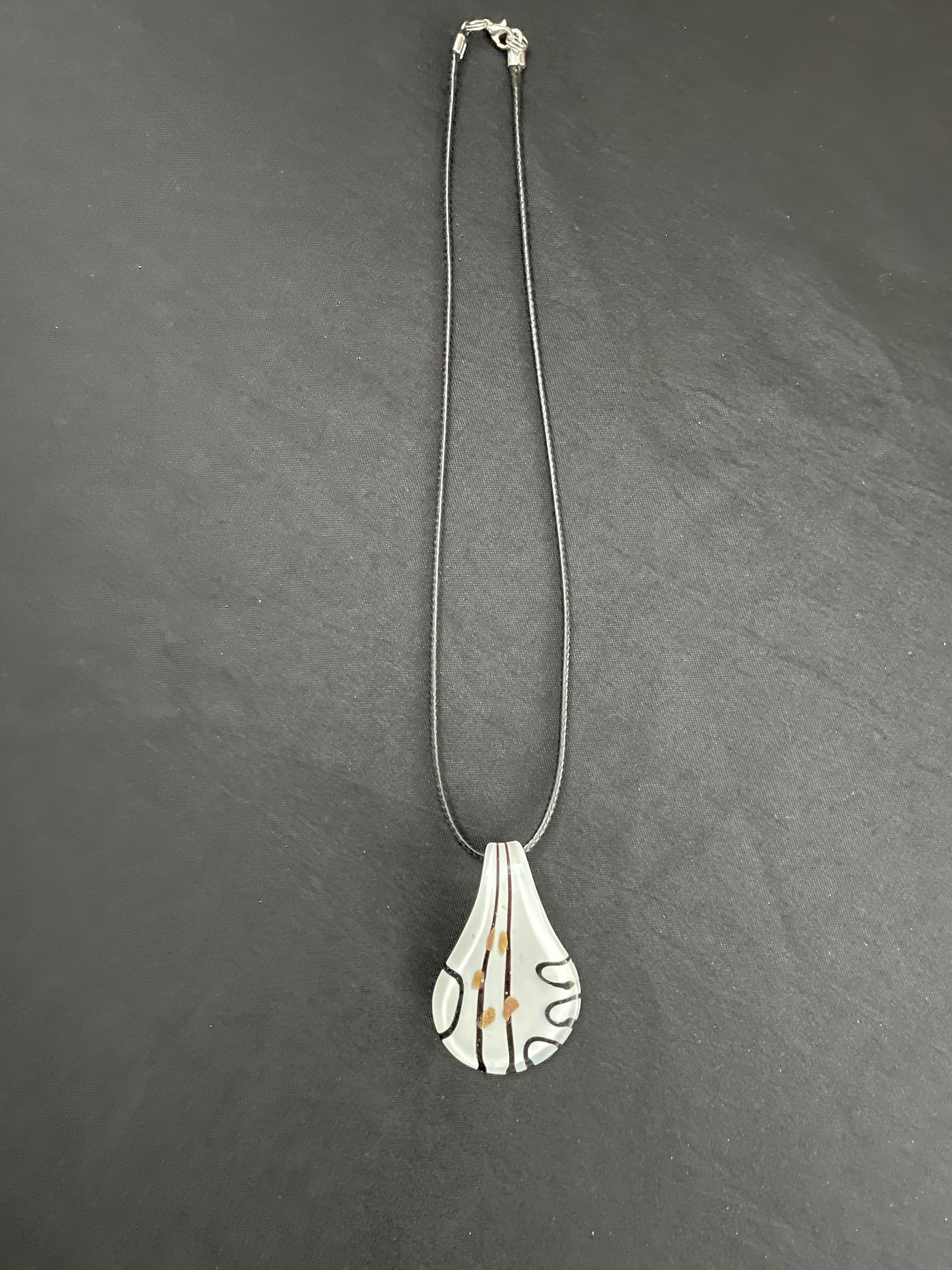 White with Black Lines and Gold Flecks Glass Necklace