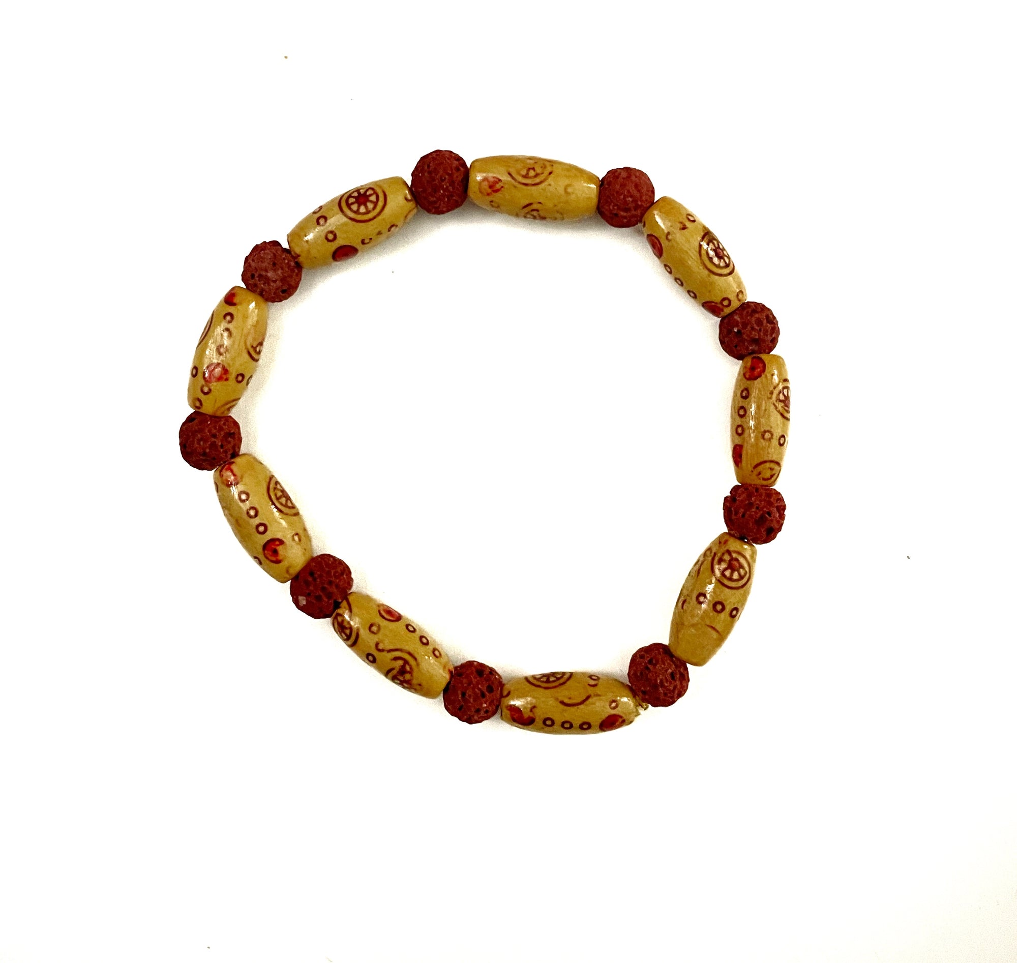 Rust Lava Stone and Beige with Red Wooden Bead Bracelet