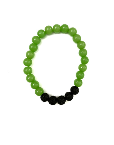 Light Green Glass Beads and Black Lava Stone Bracelet