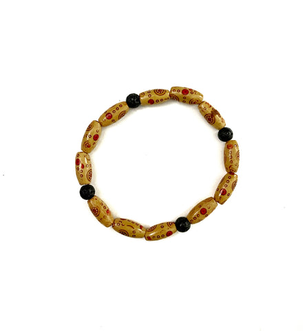 Black Lava Stone and Beige with Dark Red Wooden Bead Bracelet