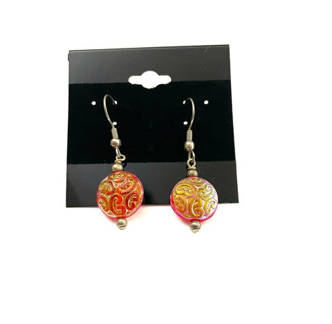 Red with Gold Green Tint Glass Dangle Earrings