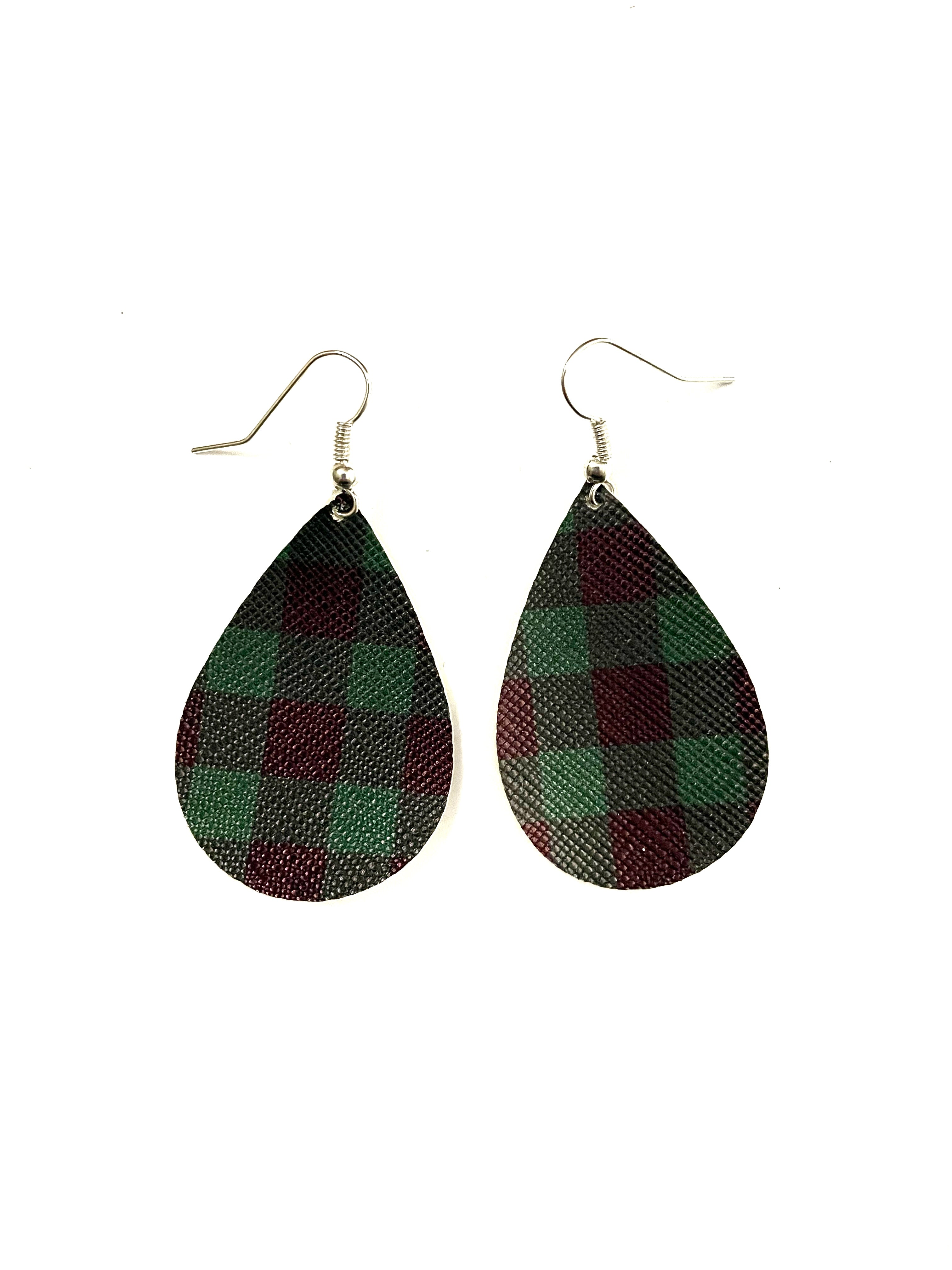 Small Green Buffalo Plaid Leather Earrings