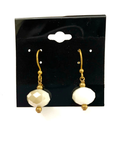 White with Brown Rondelle Glass Dangle Earrings