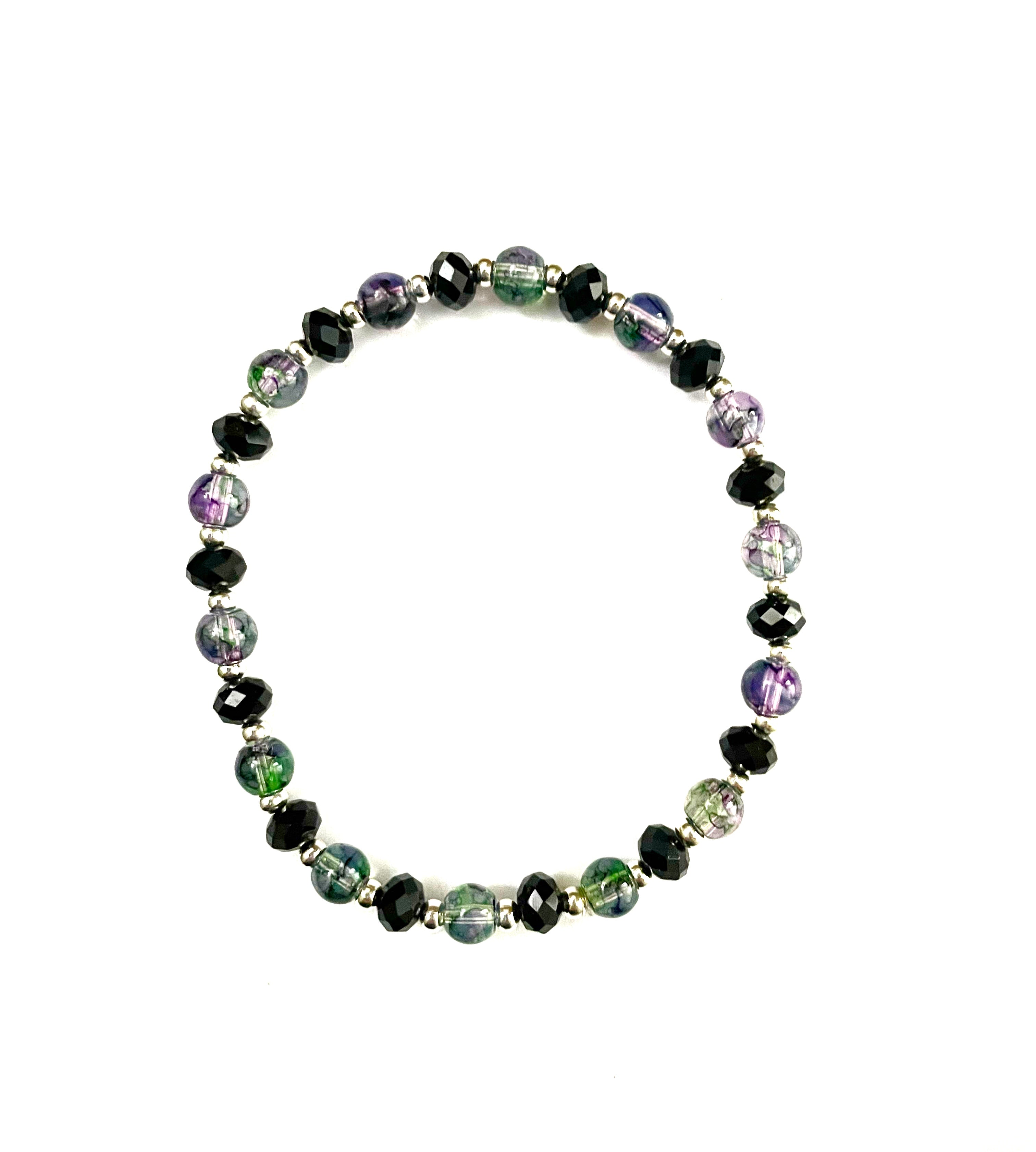 Transparent Green and Purple Glass Bead Stretchy Bracelet