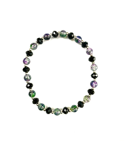 Transparent Green and Purple Glass Bead Stretchy Bracelet