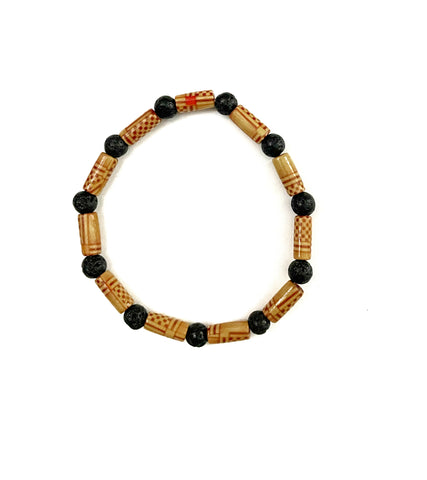 Black Lava Stone and Beige and Red Wooden Bead Bracelet