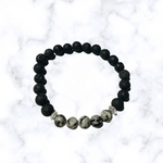 Black Lava Stone with Black White Stripped Agate Stretchy Bracelet